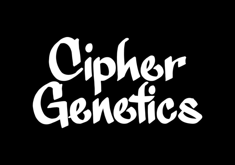 Weißer stilisierter Text mit der Aufschrift Cipher Genetics auf schwarzem Hintergrund.