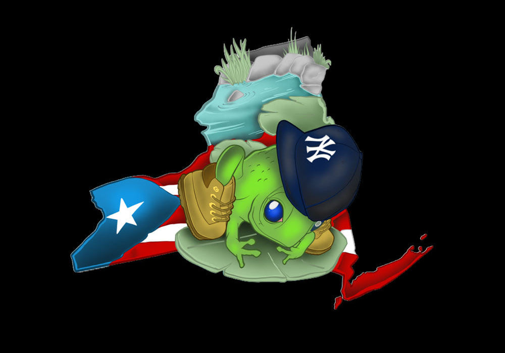 Ein grüner Coquí-Frosch mit blauer Yankees-Mütze und braunen Stiefeln steht auf einer Schildkröte. Im Hintergrund sind die puertoricanische Flagge und eine rote Landkarte zu sehen.