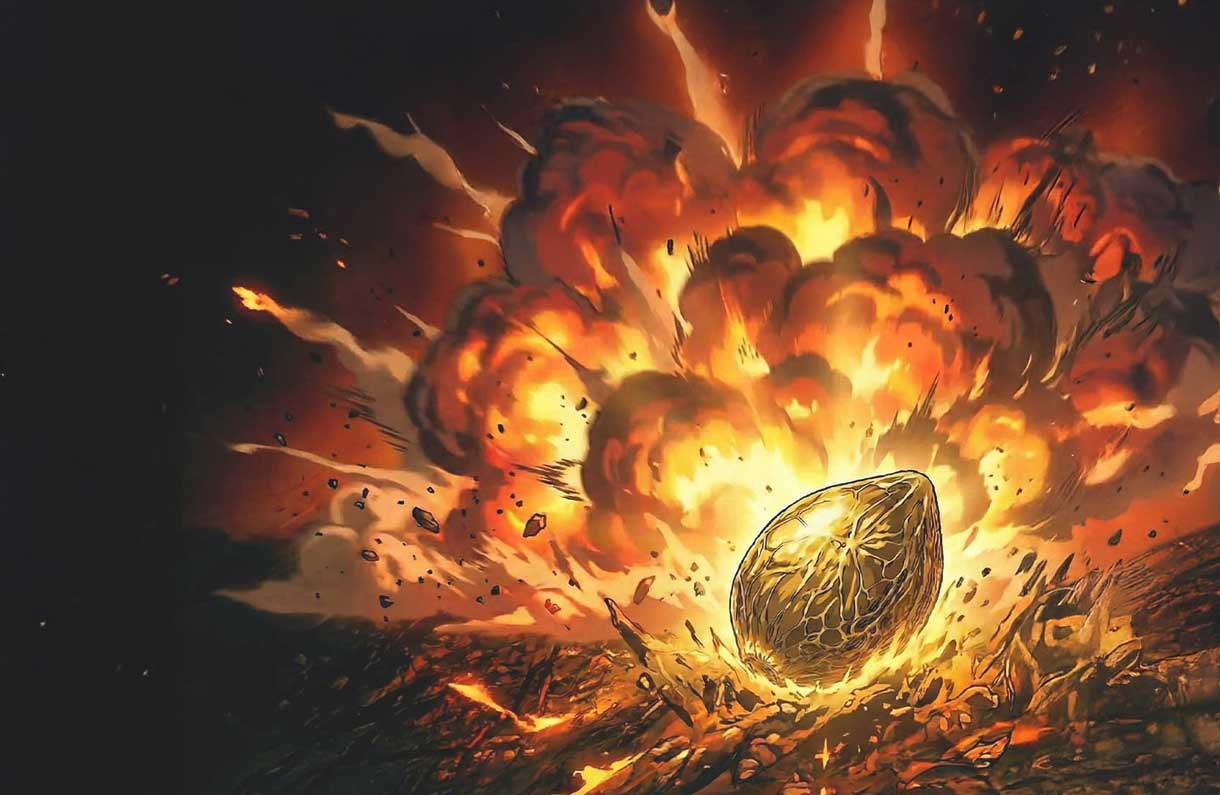 Eine Handgranate mit blockartiger, steinartiger Textur explodiert und schleudert vor einem dunklen Hintergrund Trümmer und Splitter nach außen.