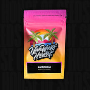 Nine Weeks Harvest Ambrosia Beutel mit Palmen, Sonnenuntergang und Aufschrift Acai Mintz x Runtz auf schwarzem Hintergrund