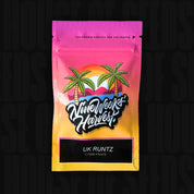 Ein lebhaftes Nine Weeks Harvest UK Runtz-Samenpaket mit Palmen und Sonnenuntergangsgrafiken auf der Vorderseite.