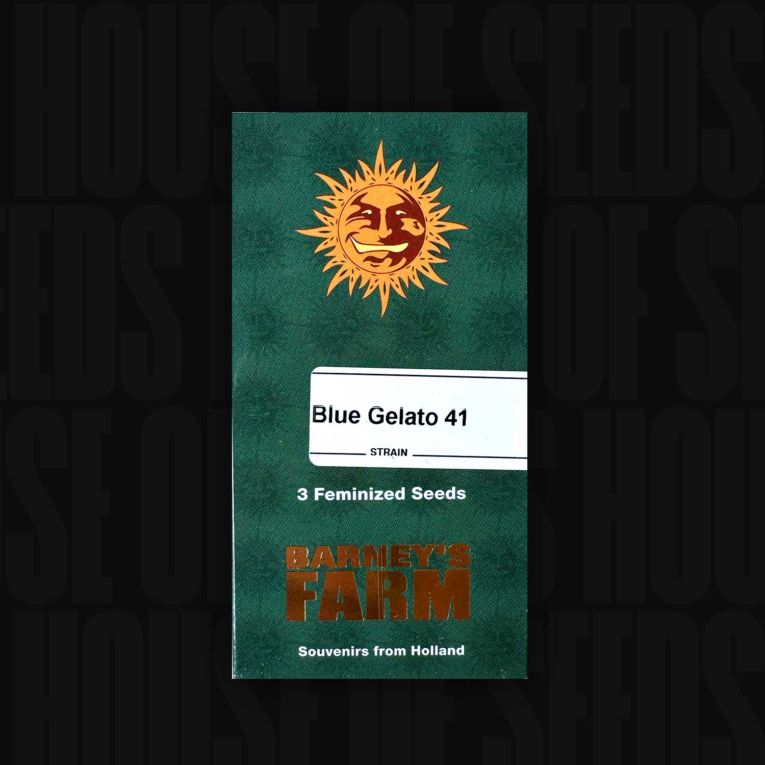Grüne Barney’s Farm Samenpackung „Blue Gelato 41 (3 feminized)“ mit Sonnenlogo und Aufschrift „Souvenirs from Holland“