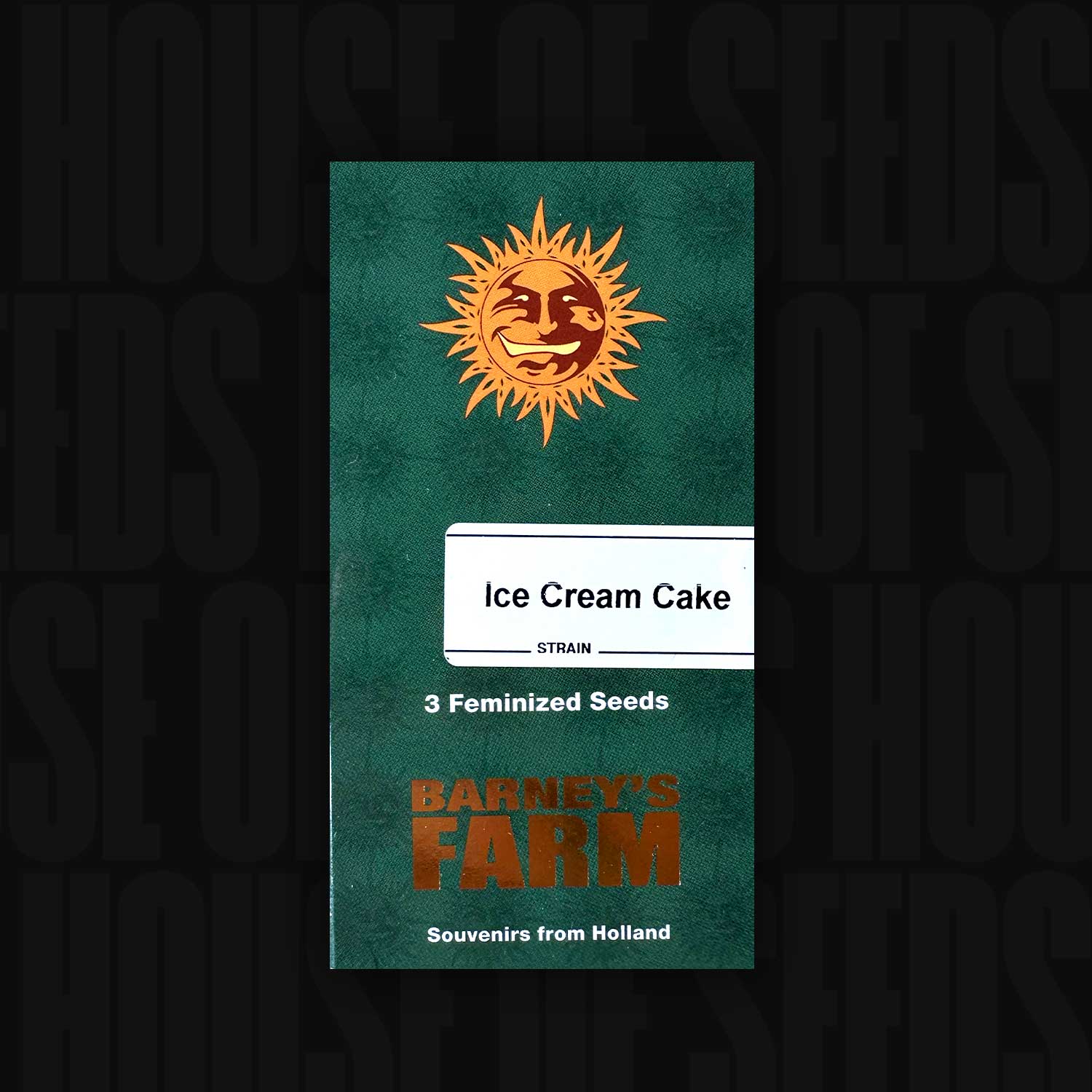 Barney’s Farm Samenpackung „Ice Cream Cake (3 feminisierte Samen)“ mit Sonnenlogo und Aufschrift „Souvenirs from Holland“ vor dunklem Hintergrund