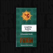 Ein grünes Päckchen mit der Aufschrift Laughing Buddha von Barney's Farm enthält 5 feminisierte Samen, zeigt oben eine lächelnde Sonne und unten Souvenirs from Holland