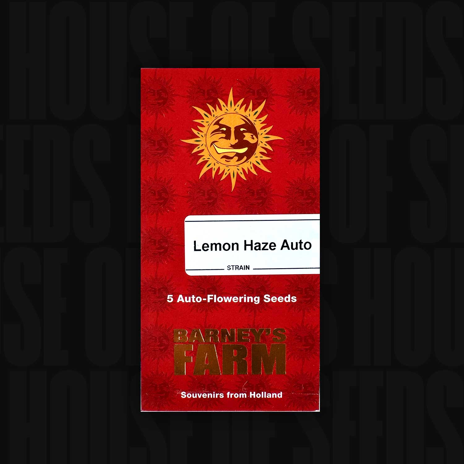 Rote Verpackung für Lemon Haze Auto von Barneys Farm für 5 Auto-Flowering Seeds mit Sonne und Text Souvenirs from Holland