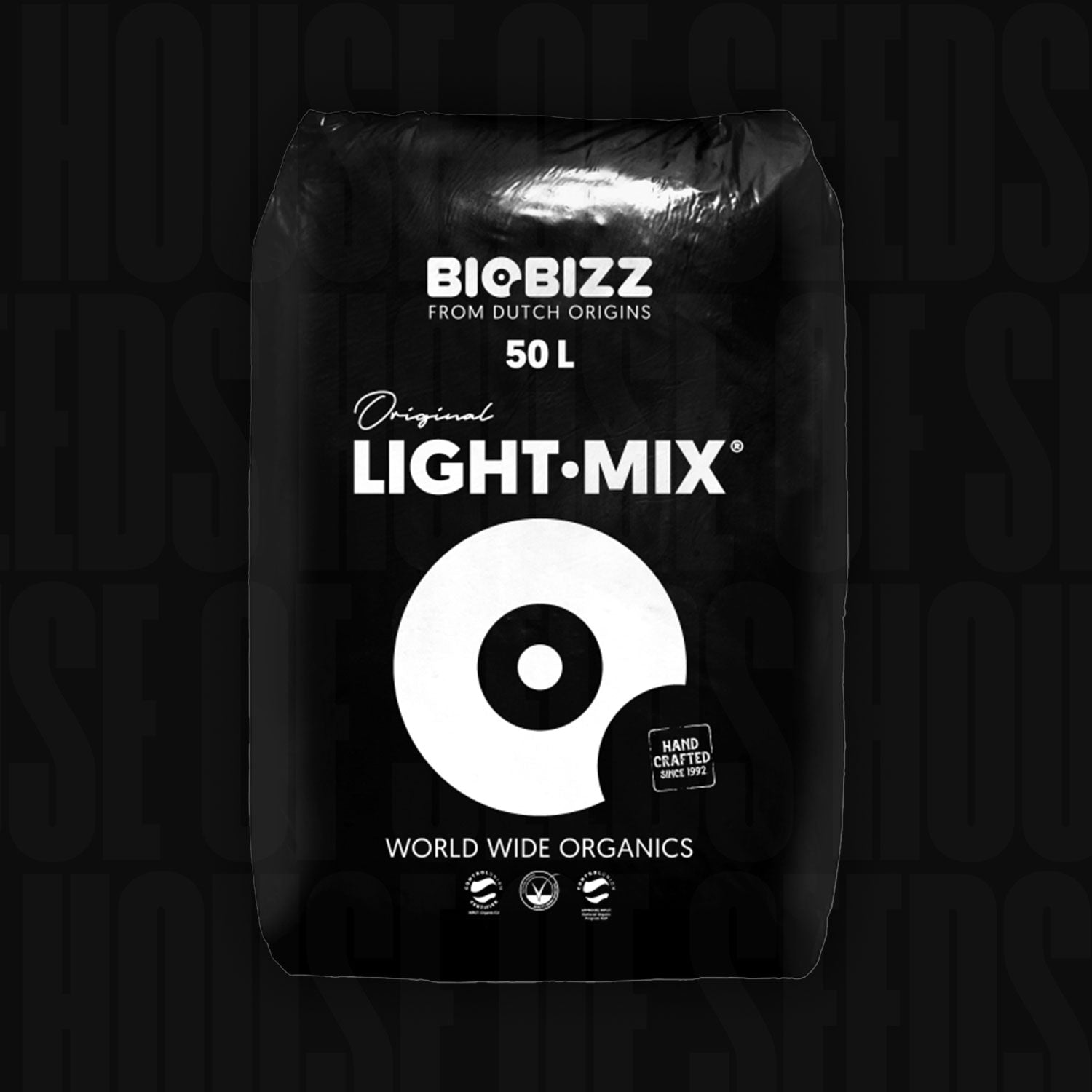 Schwarzer Beutel BioBizz Lightmix mit weißem Logo und Bio-Zertifizierungen
