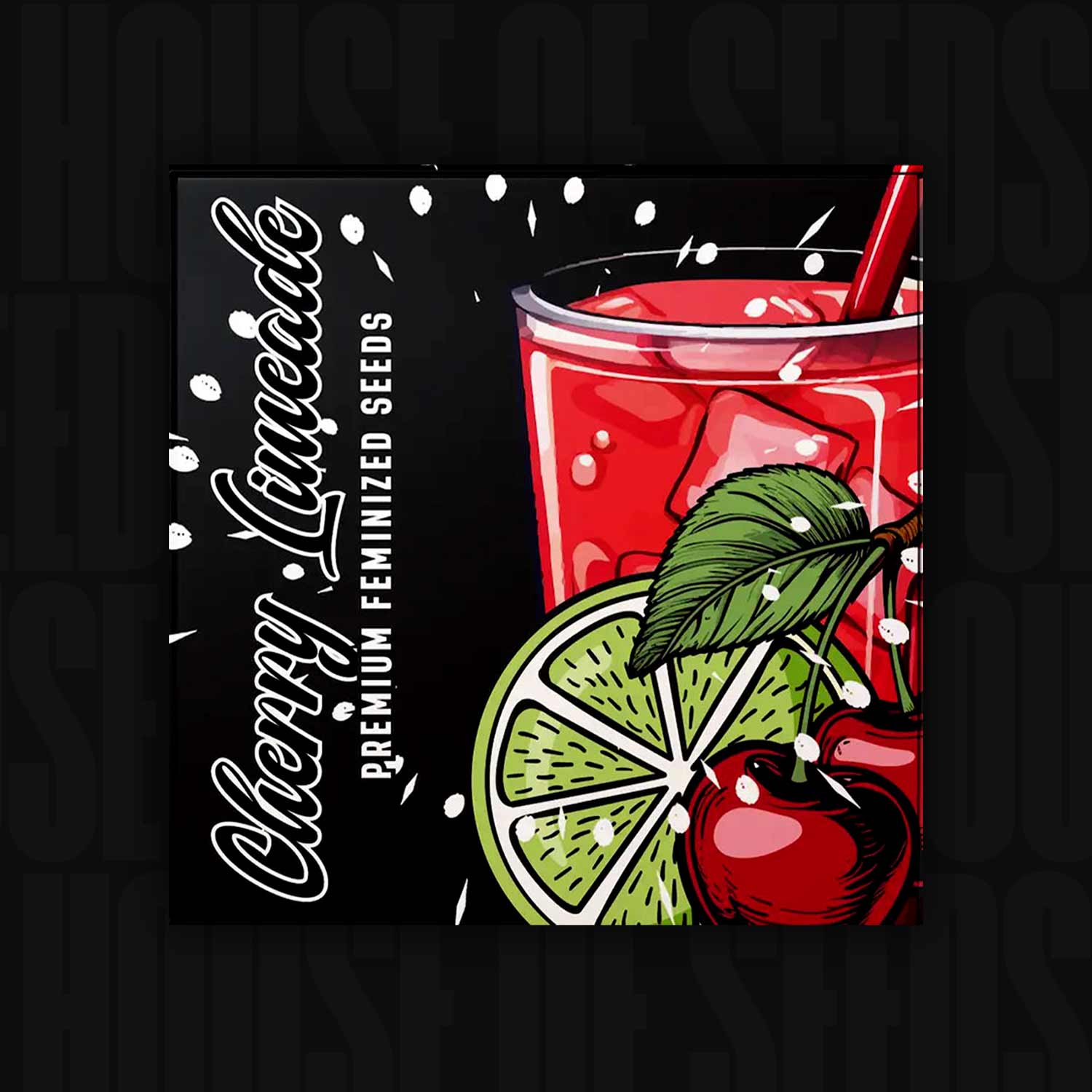 Packung Cherry Limeade mit Illustration eines roten Cherry Limeade Drinks mit Strohhalm, Limetten, Kirschen und Doja Branding