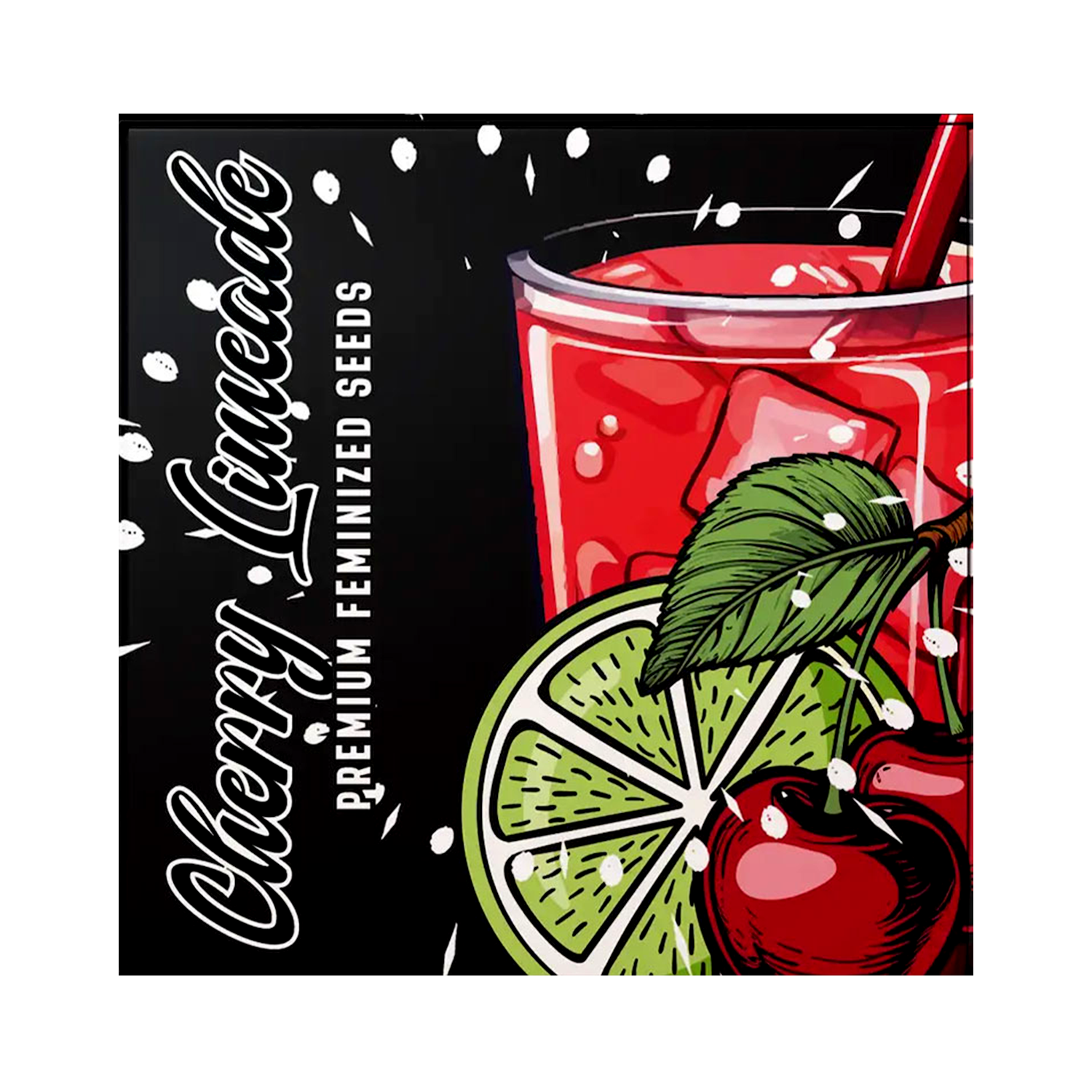 Ein Glas Kirschlimonade mit einem Strohhalm, Limettenscheiben und einer Kirsche mit der Aufschrift Doja Cherry Limeade.