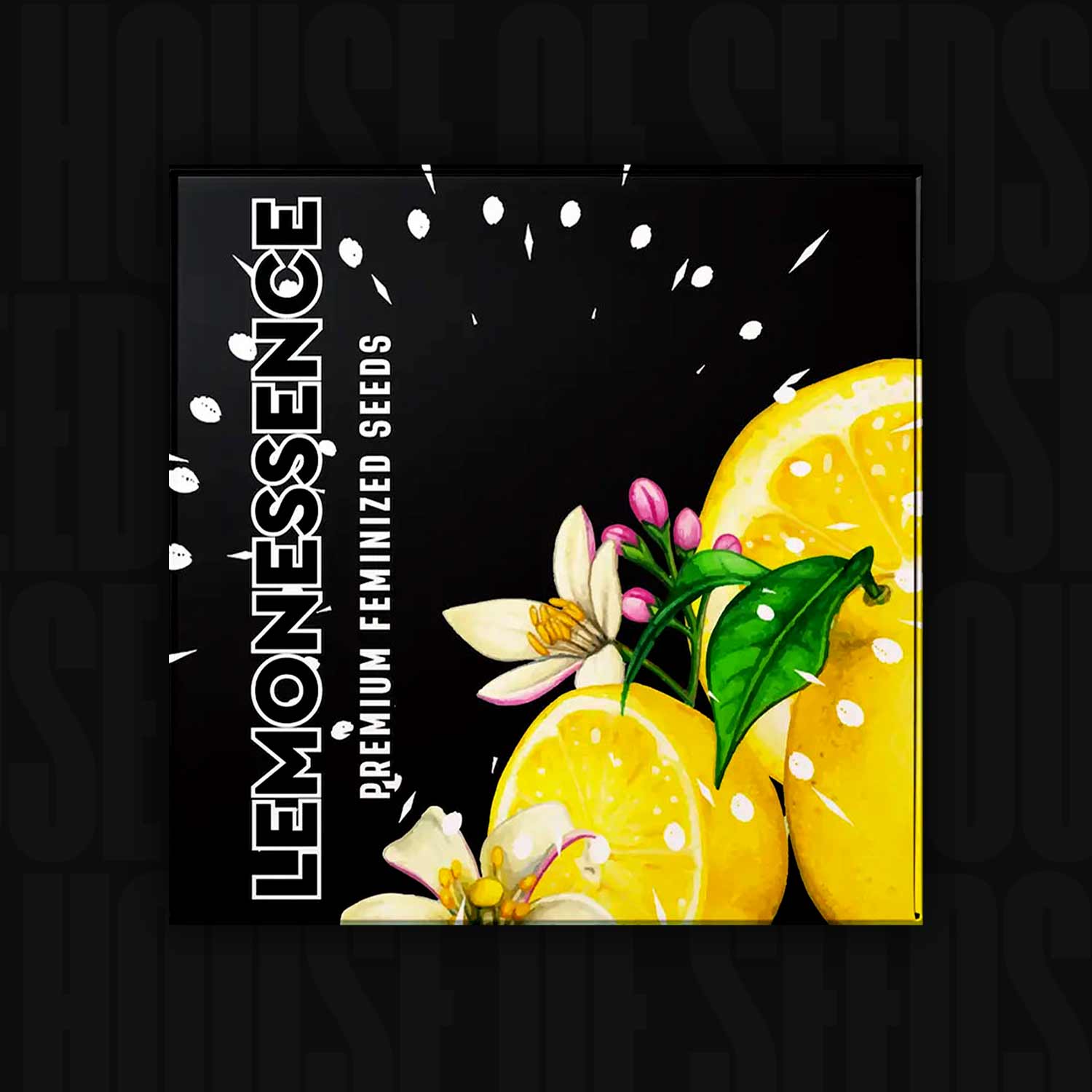 Doja Lemonessence Verpackung mit gelben Zitronen, weißen Blüten und grünen Blättern auf schwarzem Hintergrund