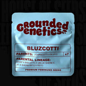 Hellblaue Grounded Genetics Bluzcotti Packung mit Eltern Zoapscotti x Blucci und Infos zu 7 feminisierten Samen