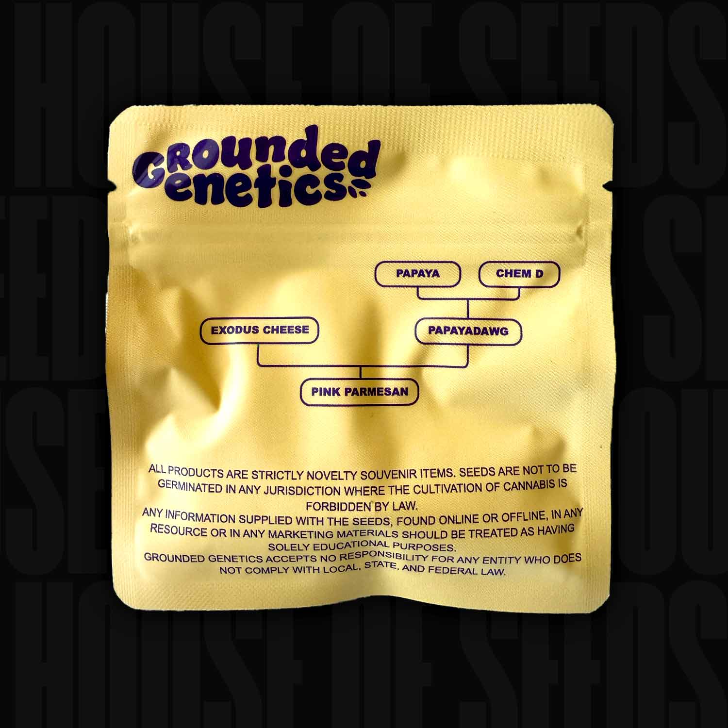 Grounded Genetics Pink Parmesan Samenpaket enthält Papaya, Chem D, Exodus Cheese, und Papayadawg Stämme.