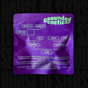 Grounded Genetics Plumz Samenpackung mit Stammbaum der Sorte und weißem Genetik/Haftungsausschluss-Text.