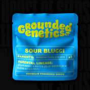 Hellblaue Sour Blucci Verpackung von Grounded Genetics mit Rainbow Diesel × Blucci, 7 Samen und Sortenangaben