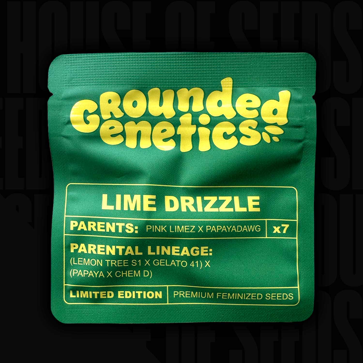 Grünes Lime Drizzle Samenpaket von Grounded Genetics mit Produktinfos und Angabe 7 feminisierte Samen