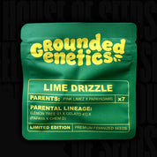 Grünes Lime Drizzle Samenpaket von Grounded Genetics mit Produktinfos und Angabe 7 feminisierte Samen