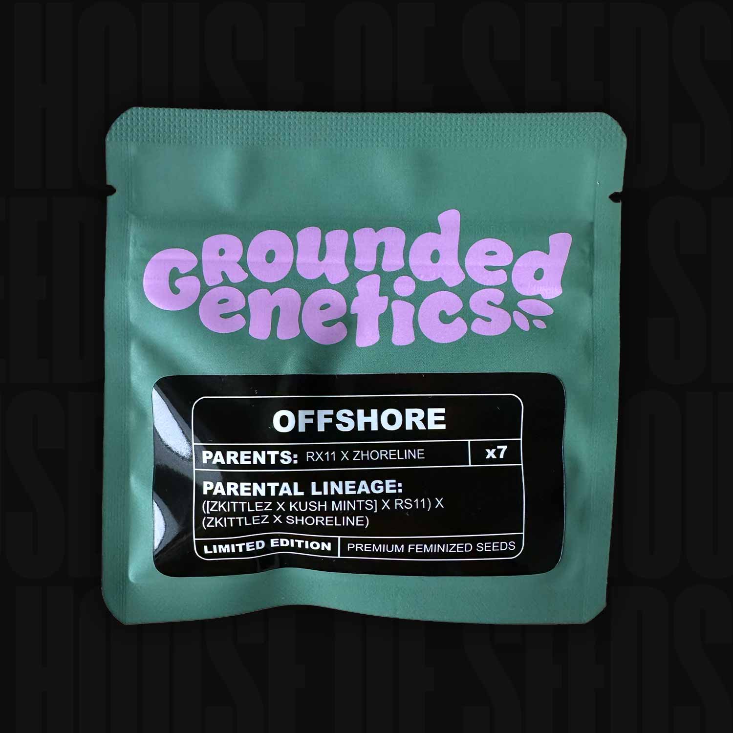 Grünes Grounded Genetics Offshore Paket mit Aufschrift 7 feminisierte Samen und Abstammungsangaben RX11- und Zhoreline