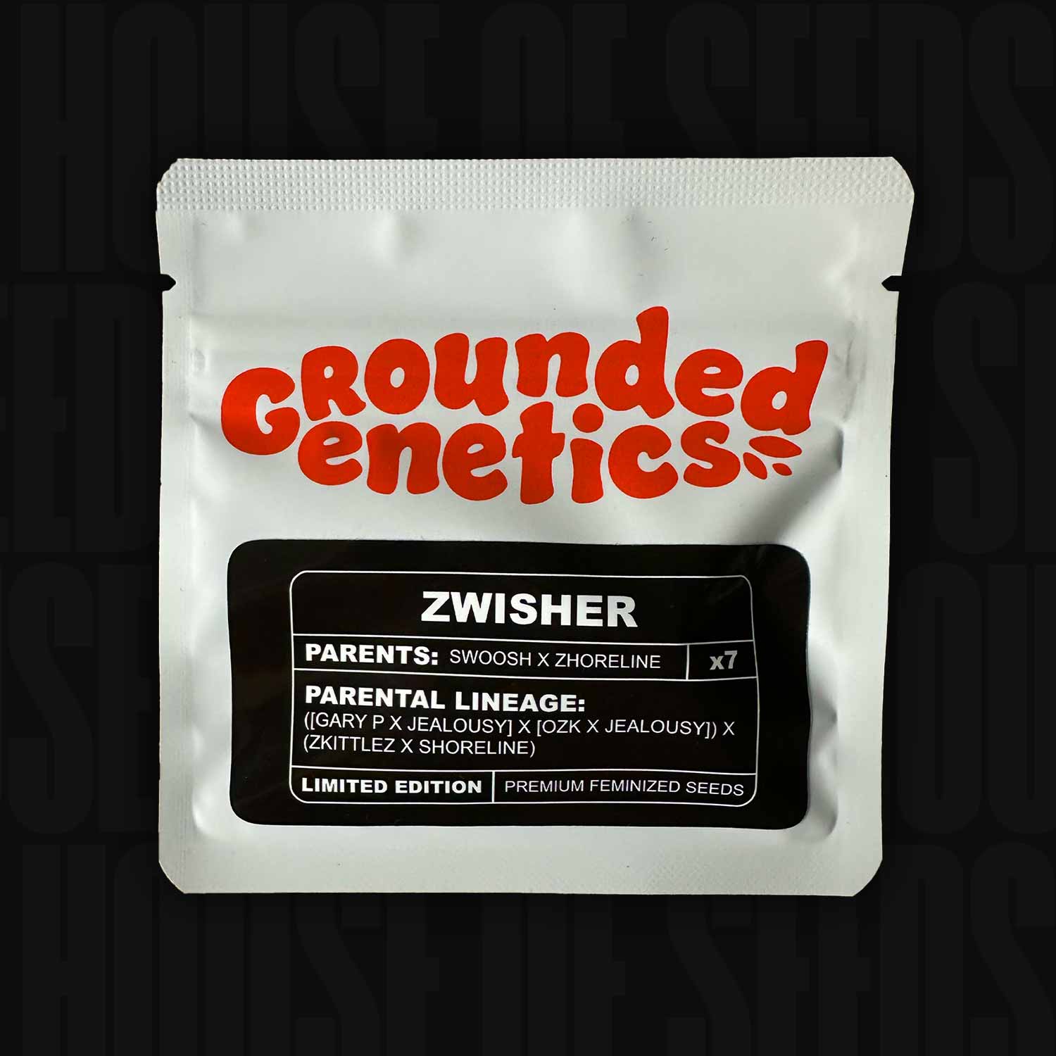 Weißes Grounded Genetics Zwisher Paket mit rotem Fettdruck auf schwarzem Hintergrund, Premium Feminisierte Samen