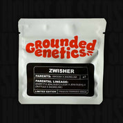 Weißes Grounded Genetics Zwisher Paket mit rotem Fettdruck auf schwarzem Hintergrund, Premium Feminisierte Samen