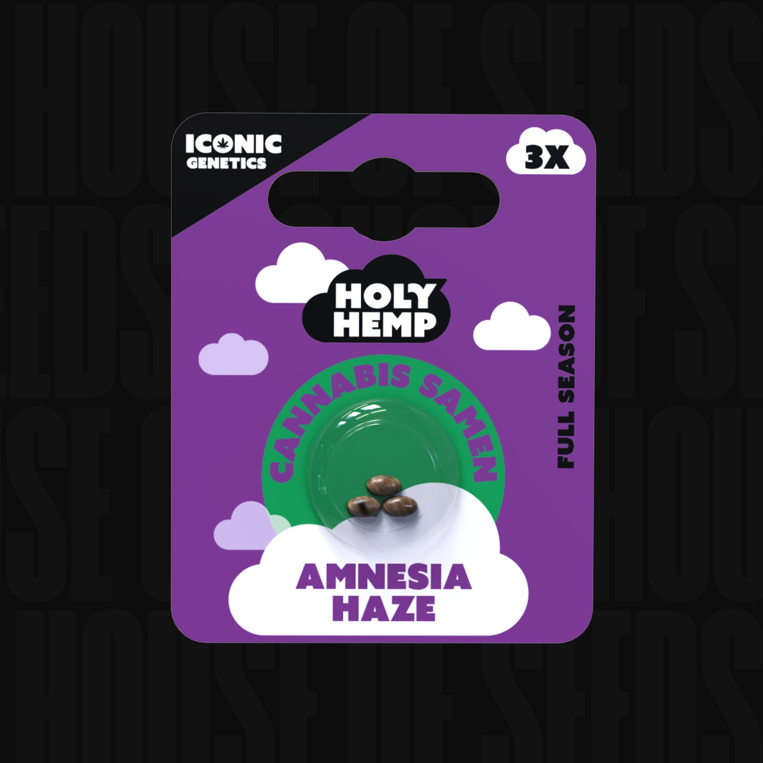Lila-weißes Holy Hemp Amnesia Haze Auto Paket mit Cartoon-Wolken und Aufschrift Cannabis Samen 3X