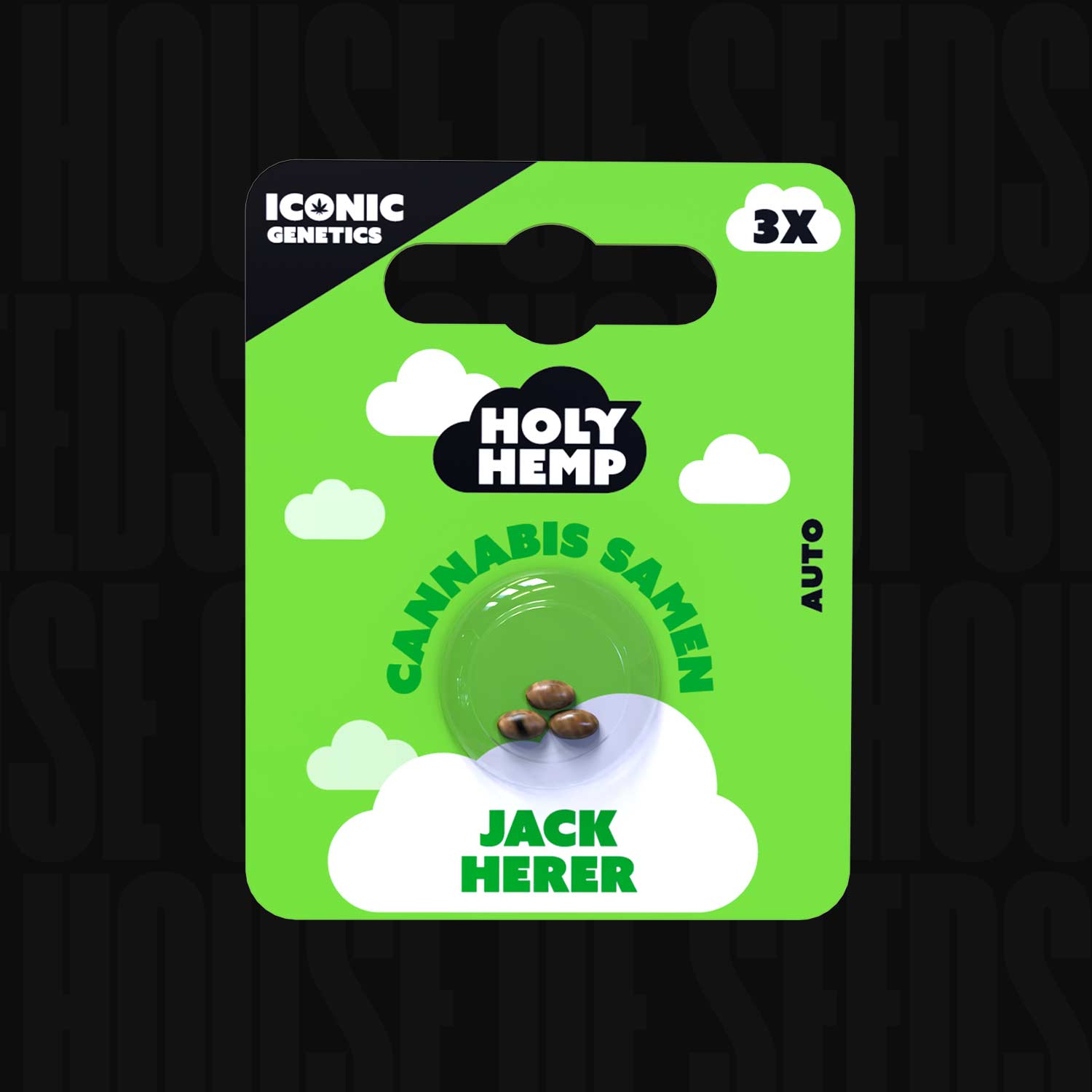 Grün-schwarze Holy Hemp Verpackung für Jack Herer Auto mit 3 Cannabissamen, weißer Wolkengrafik