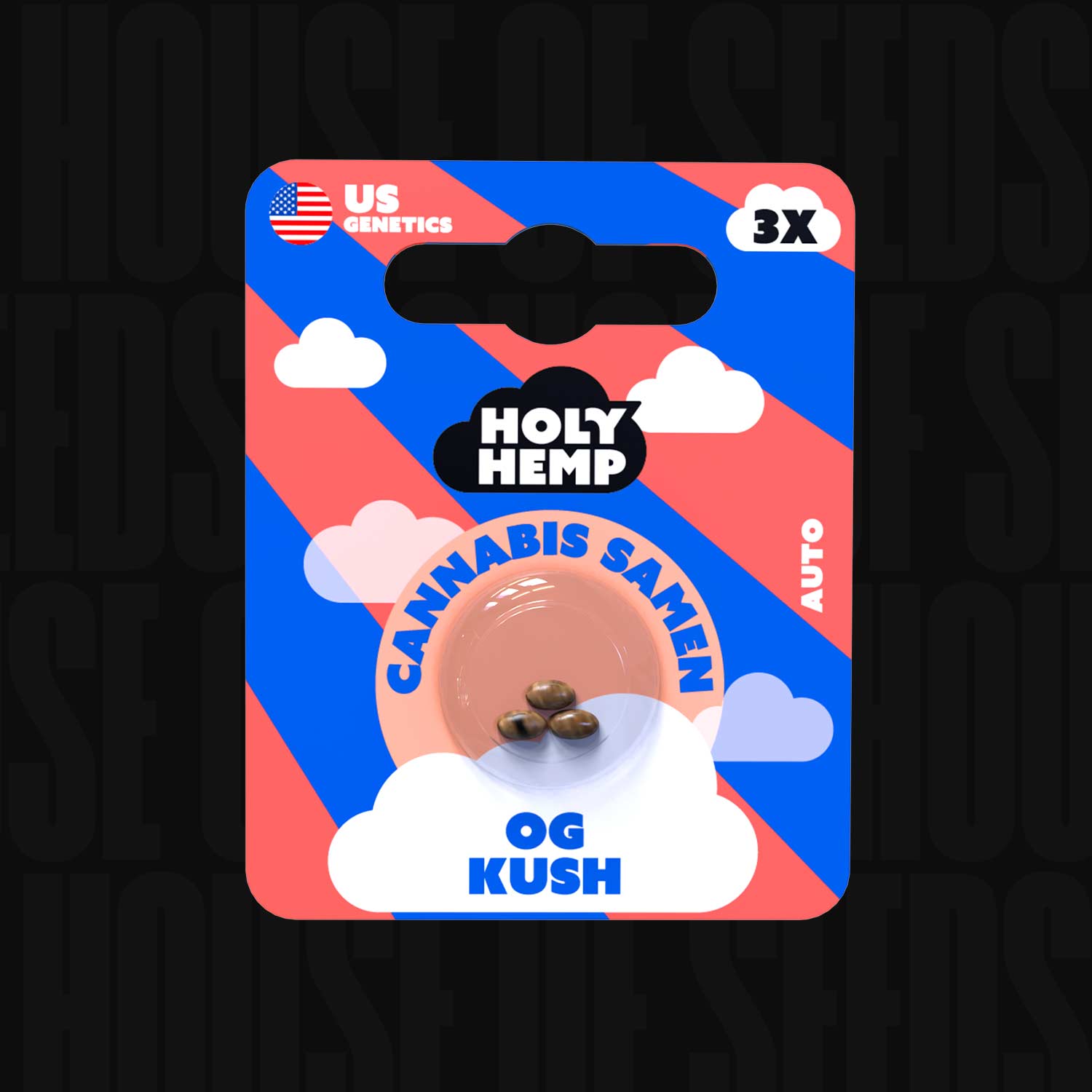 Holy Hemp OG Kush Auto Packung mit drei Samen im Fenster, rot-blauer Hintergrund mit US Genetics und 3X