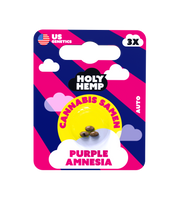 Bunte Holy Hemp-Verpackung mit drei Cannabissamen, beschriftet mit „Purple Amnesia“ und „Cannabis Samen“.