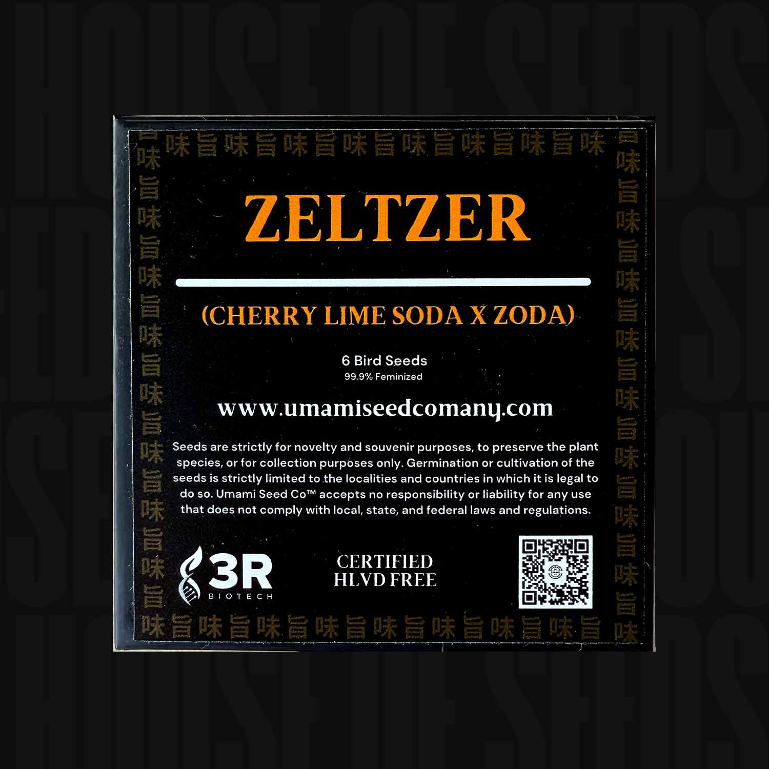 Schwarzes Päckchen mit der Aufschrift Zeltzer von Umami Seed Co, mit Saatgut- und Firmeninformationen in orangefarbener und weißer Schrift.