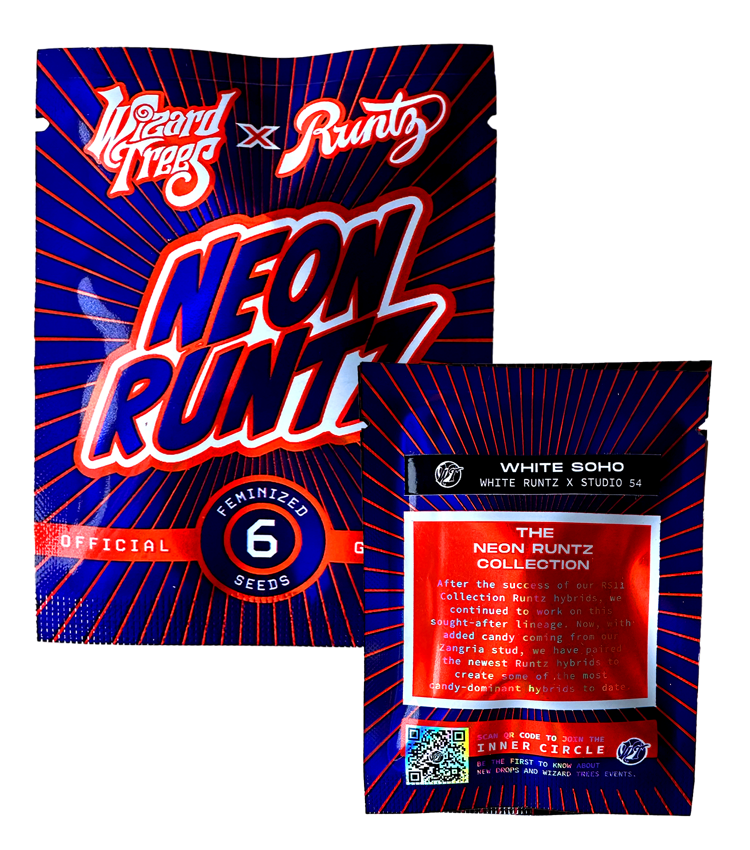 Zwei farbenfrohe Saatgutpackungen mit der Aufschrift White Soho von Wizard Trees, mit fettem Text und roten und blauen Grafiken.