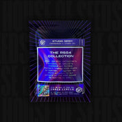 Eine lilafarbene Metallic-Karte für Studio sesh von Wizard Trees mit Introtext und einem QR-Code.