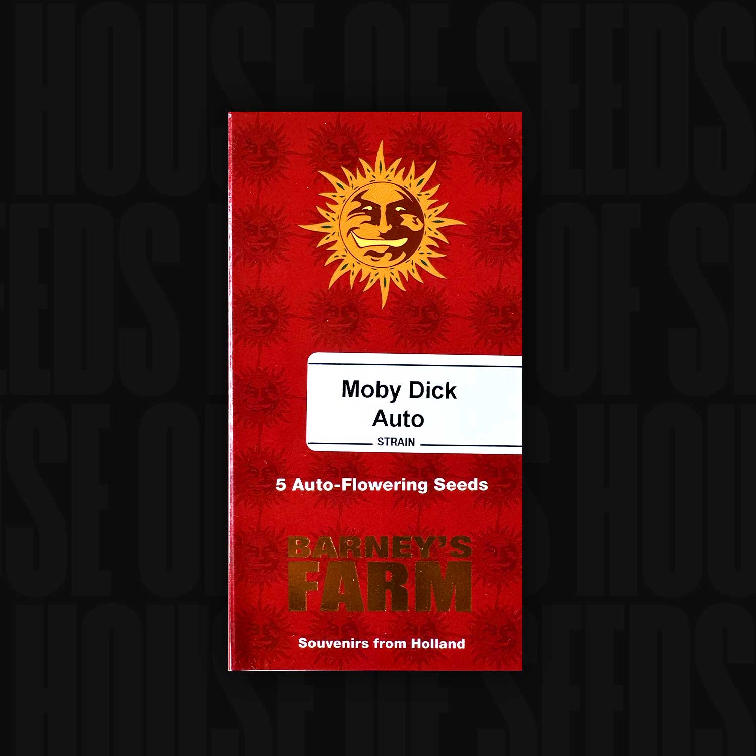 Rote Verpackung für Moby Dick Auto von Barneys Farm für 5 Auto-Flowering Seeds mit Sonne und Text Souvenirs from Holland