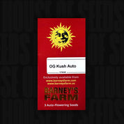 Rotes Barney’s Farm Samenpaket OG Kush Auto mit gelbem Sonnenlogo und Aufschrift 3 Auto Seeds