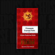 Rotes Barney’s Farm Pineapple Express Auto Paket mit Sonnenlogo, Aufschrift 3 Auto Seeds und Text Souvenirs from Holland