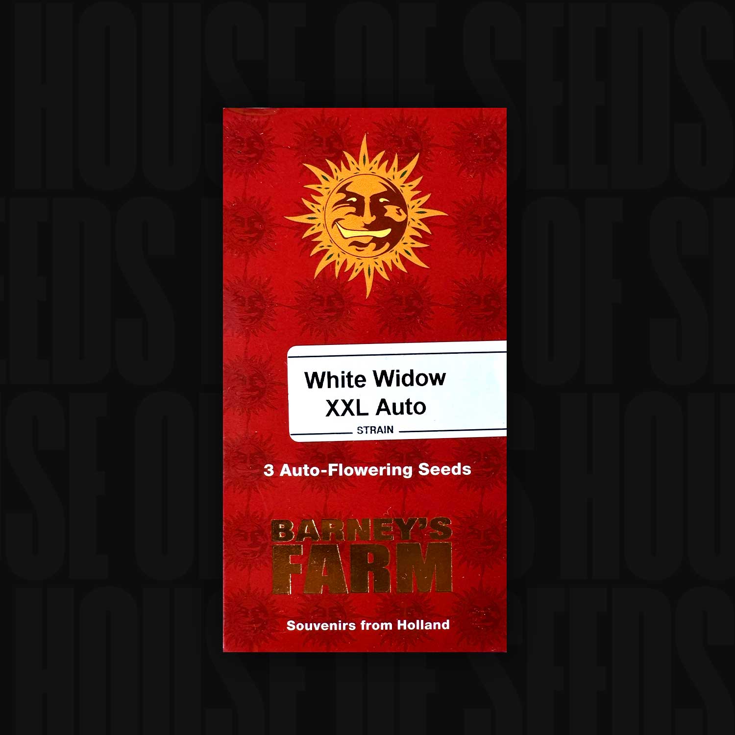 Barney's Farm White Widow XXL Auto, rote Packung mit 3 selbstblühenden Samen.