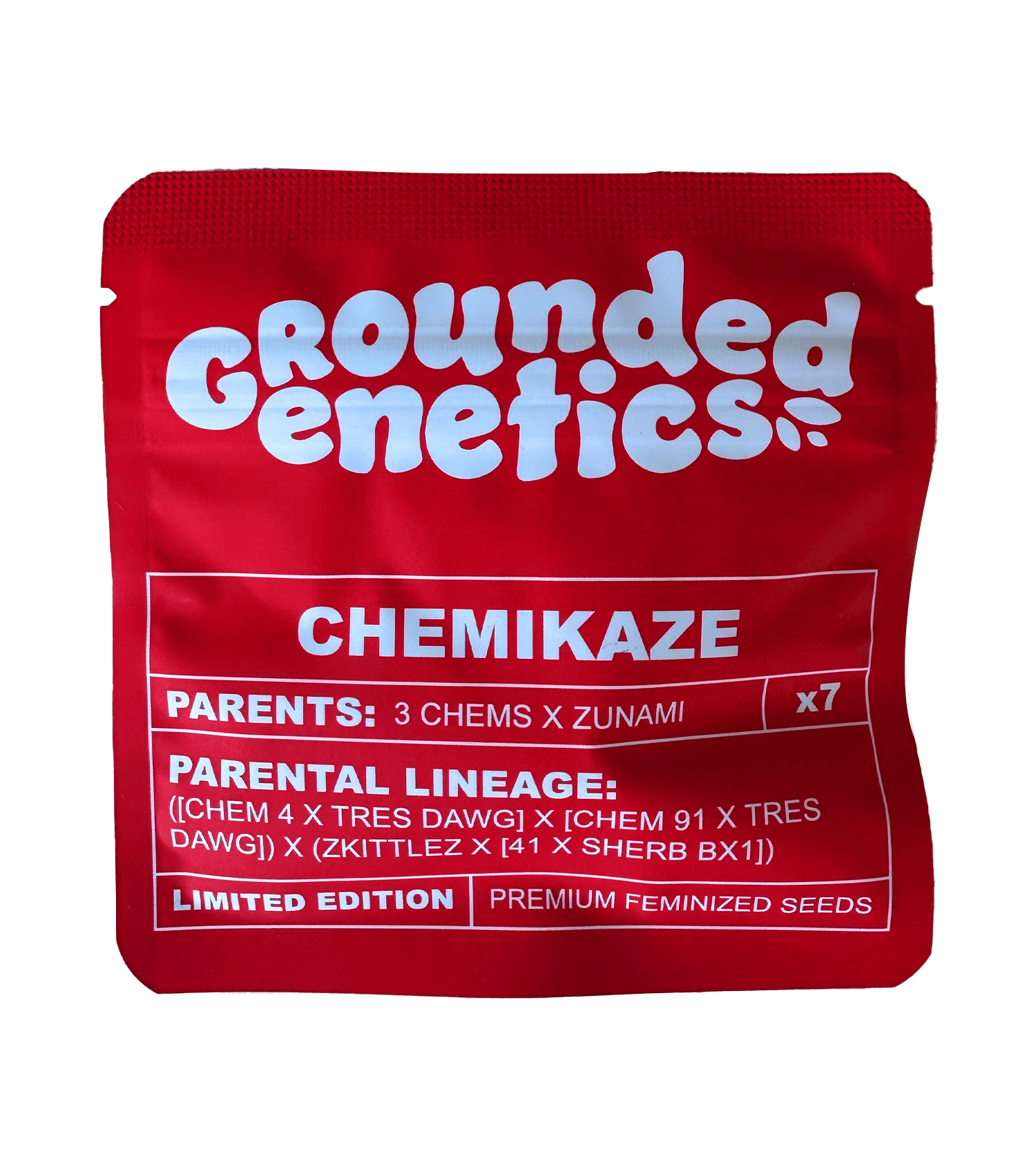 Rotes Päckchen mit der Aufschrift Grounded Genetics Chemikaze mit Angaben zur elterlichen Abstammung und zum Saatguttyp.