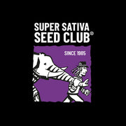 Logo von Super Sativa Seed Club auf schwarzem Hintergrund mit weißer Schrift und Mann mit Elefant im Arm